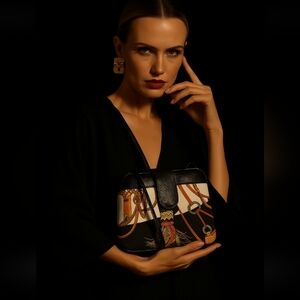 VINTAGE 70s Silk Blend Leather Shoulder Bag Made in the Philippines Gold Chain